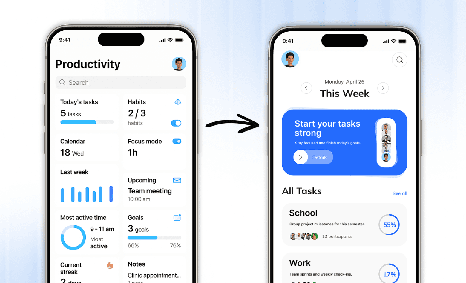 Home screen before and after: widget dashboard becomes focused weekly tasks view