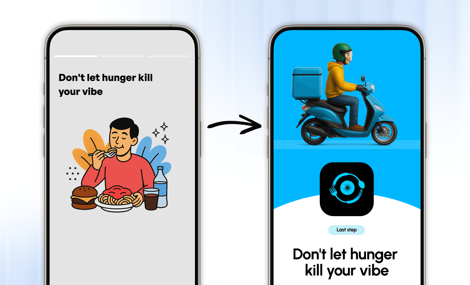 Onboarding before and after: flat illustration becomes premium food delivery last step screen